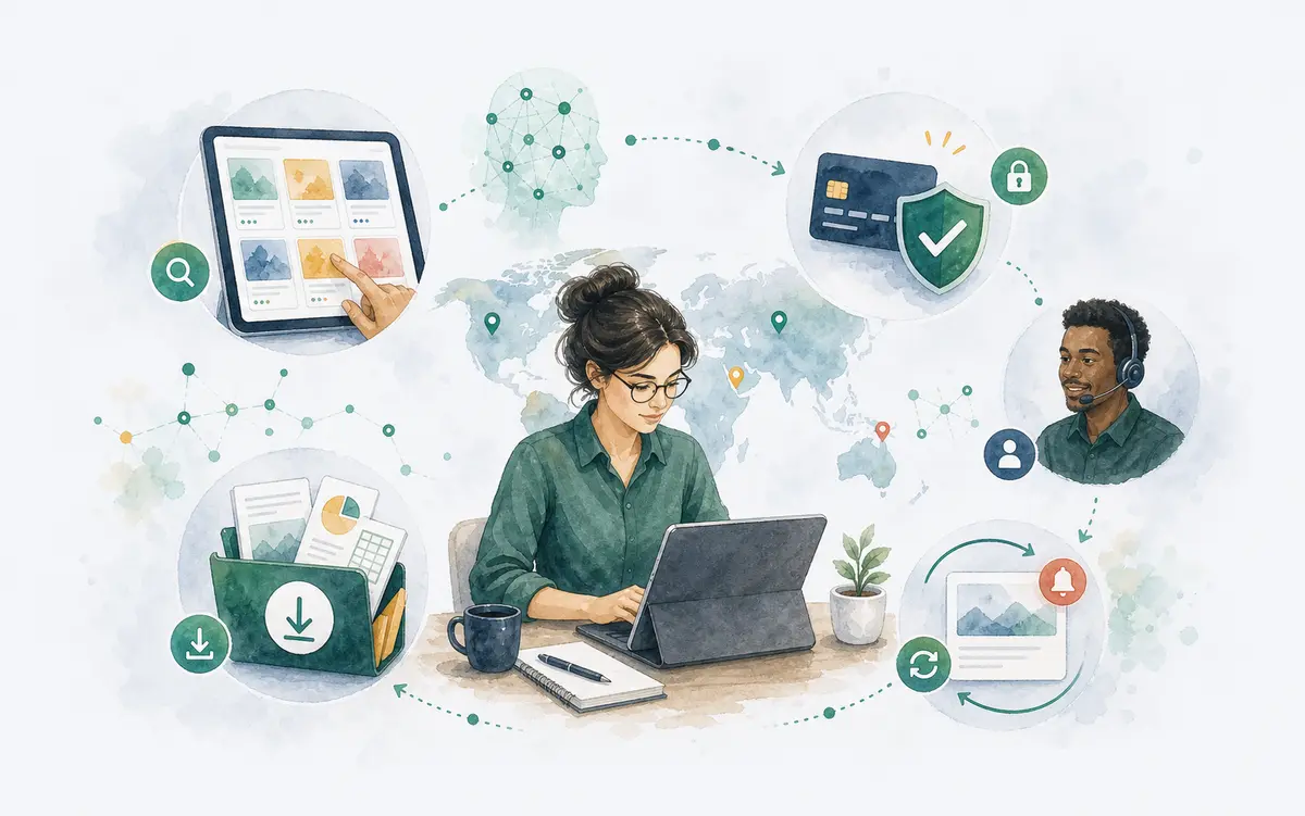Watercolor illustration of a global client journey with guide browsing, purchase, downloads, support, and updates.