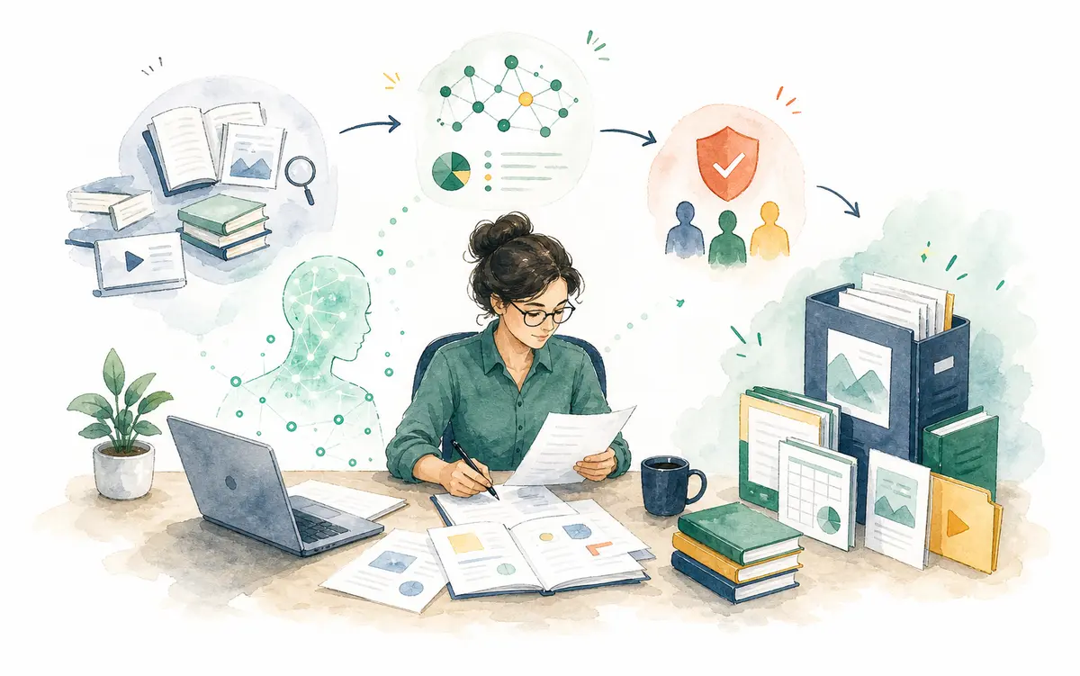 Watercolor illustration of a human editor working with AI-assisted research, verification, and guide files.