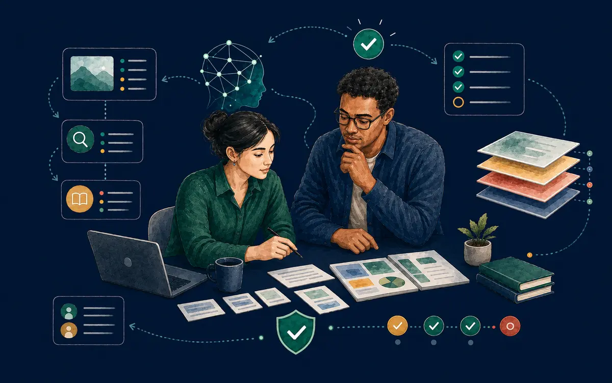Watercolor illustration of a multiracial review team checking AI-assisted guide content, sources, versions, and approval steps.